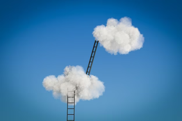 escadas encostadas em nuvens dando a impressão de subir até o céu