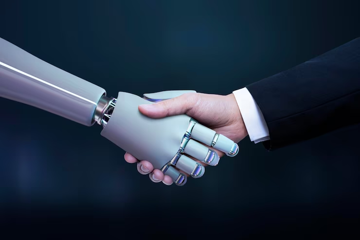 mão de um robô cumprimentando uma mão humana