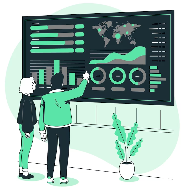 Ilustração de dois profissionais analisando dados complexos em um grande painel de controle interativo, destacando a utilização do WhatsApp para comunicação e análise de dados em grande escala.